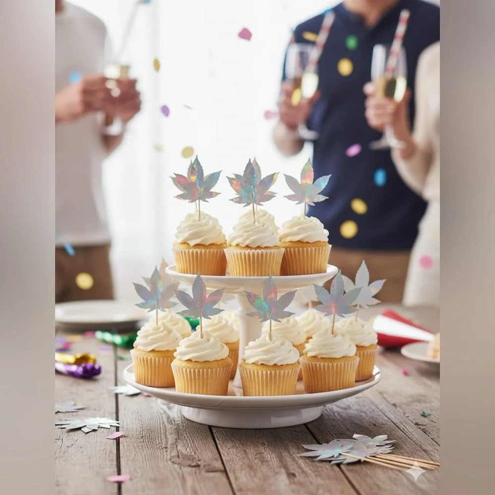 Marijuana Weed Leaf Festive Cupcake Toppers for Parties